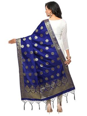 Navy Blue Color Poly Silk Banarasi Women'S Dupatta 3