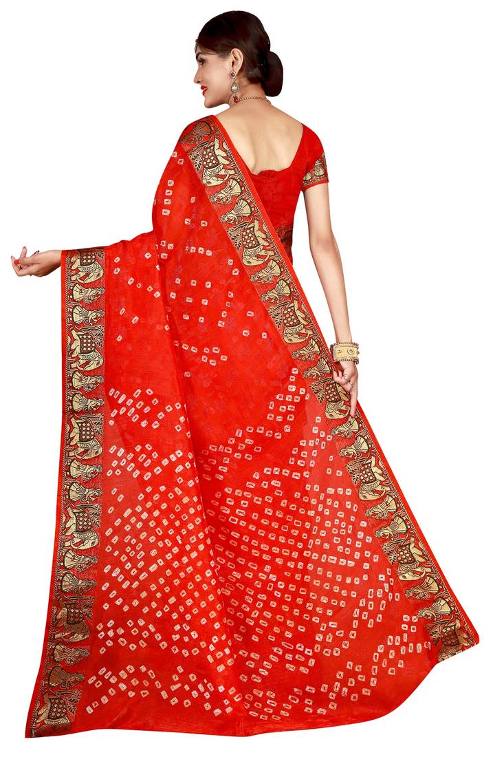 Orange Bandhani Printed Silk Blend Saree With Unstitched Blouse Piece