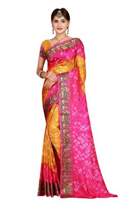 Dark baby pink bandhani saree with blouse 1