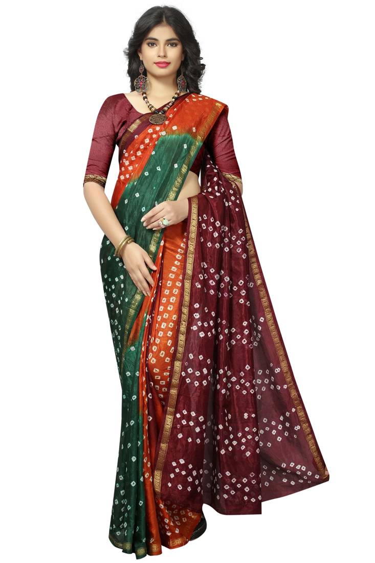 Maroon Bandhani Printed Silk Blend Saree With Unstitched Blouse Piece