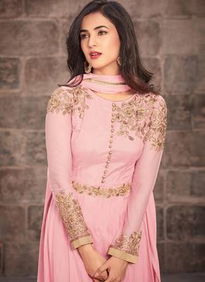 Baby-pink embroidered net salwar with dupatta 2