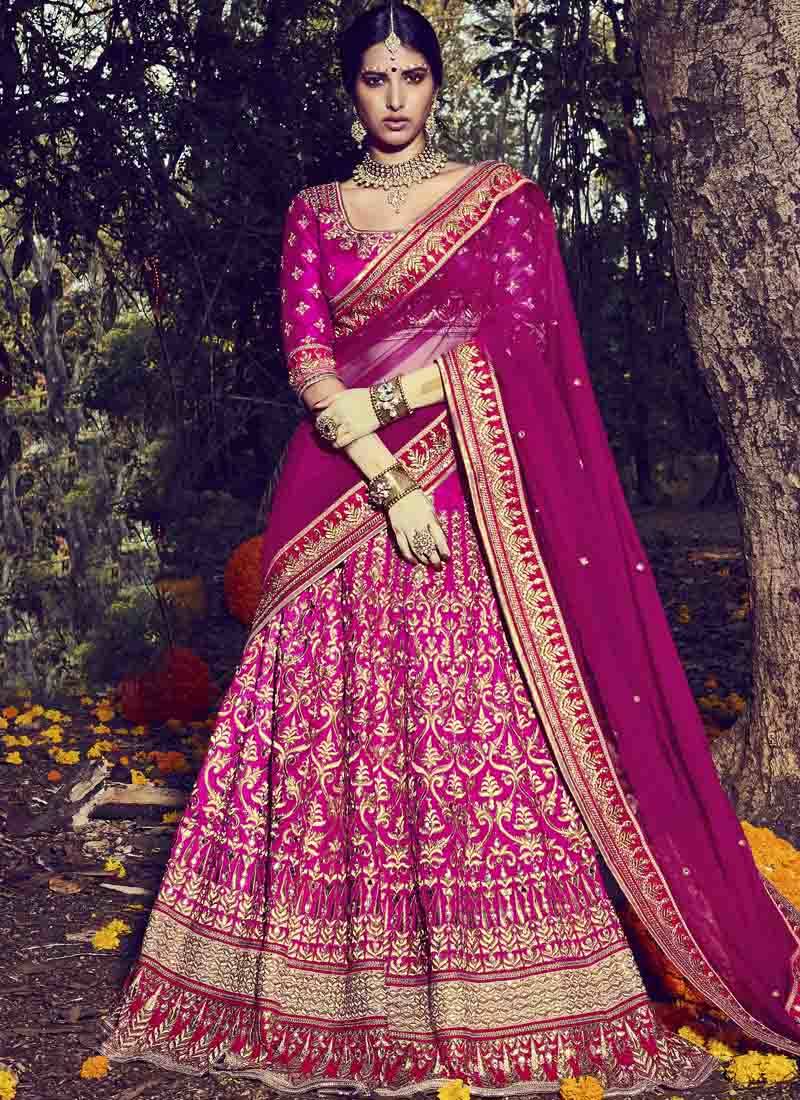 Magenta Embroidered Silk Semi Stitched Lehenga