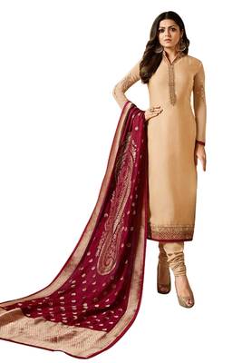Beige embroidered crepe salwar with dupatta 1