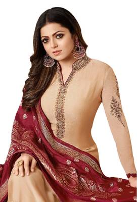 Beige embroidered crepe salwar with dupatta 4