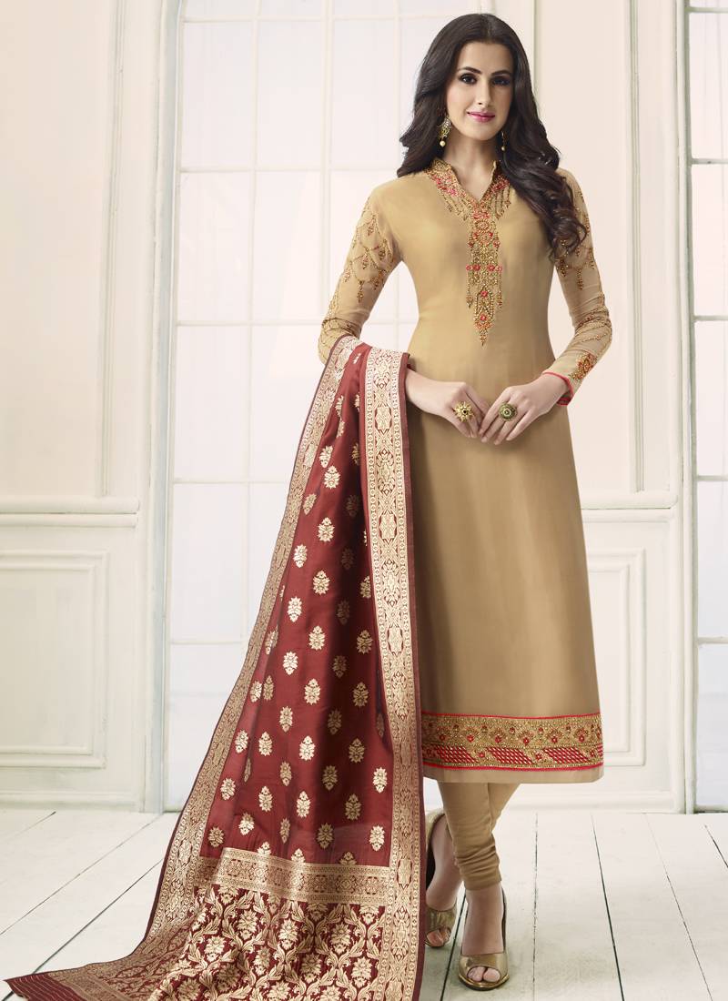 Cream embroidered georgette salwar with dupatta