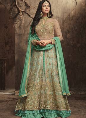 Cream Embroidered Net Salwar With Dupatta 1