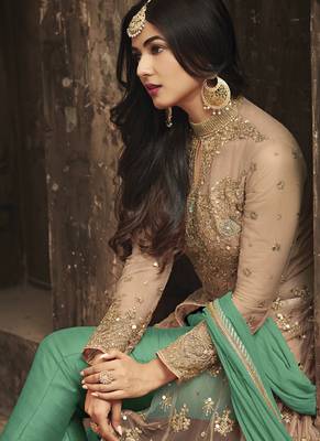 Cream Embroidered Net Salwar With Dupatta 2