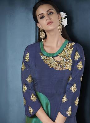 Navy-blue embroidered silk salwar with dupatta 3