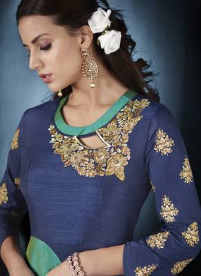 Navy-blue embroidered silk salwar with dupatta 4