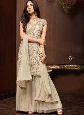 Cream  embroidered net kameez with palazzo 2