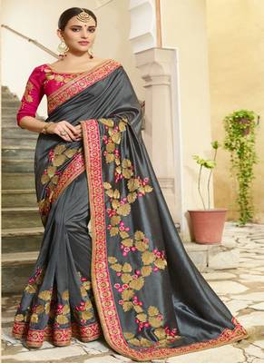 Grey embroidered silk blend saree with blouse 1