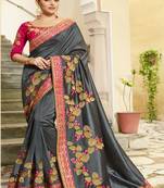 Grey embroidered silk blend saree with blouse
