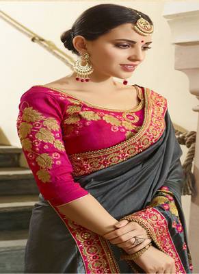 Grey embroidered silk blend saree with blouse 2