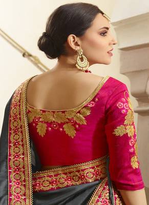 Grey embroidered silk blend saree with blouse 3