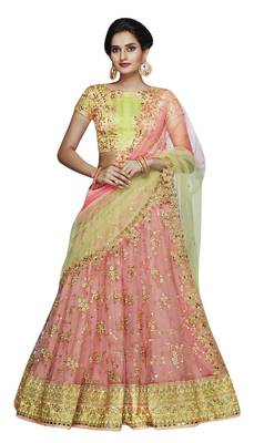 Peach Embroidered Net Lehenga With Dupatta 1