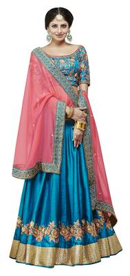 Dark-Blue Embroidered Silk Satin Lehenga With Dupatta 1