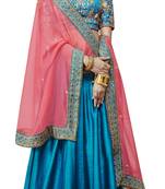Dark-Blue Embroidered Silk Satin Lehenga With Dupatta