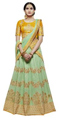 Green Embroidered Handloom Silk Lehenga With Dupatta 1