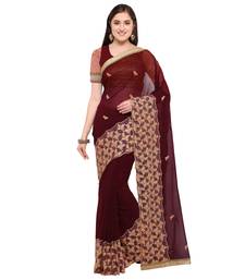 Women's Net Brown Embellished Designer Saree With Blouse Piece