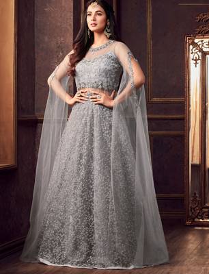 Grey embroidered net salwar with dupatta 1