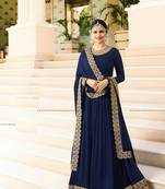 Dark-Blue Embroidered Georgette Salwar With Dupatta