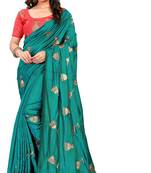 Rama Green embroidered paper silk saree with blouse