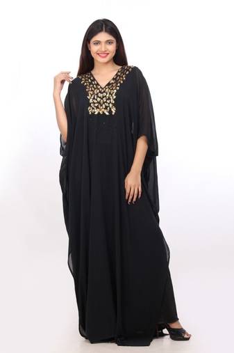 Black Embroidered Georgette Islamic Kaftans With Zari & Stone Work