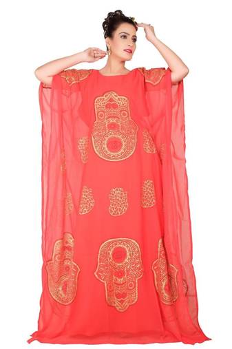 Tomato Embroidered Georgette Islamic Kaftans With Zari & Stone Work