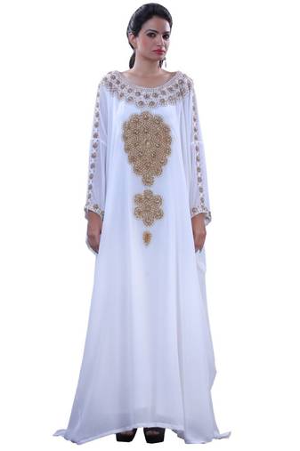 Cream Embroidered Georgette Islamic Kaftans With Zari & Stone Work