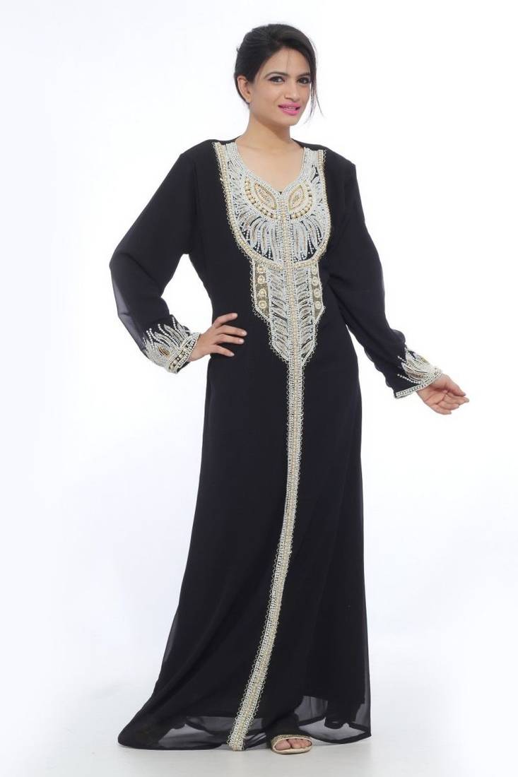 Black Embroidered Georgette Islamic Kaftans With Zari & Stone Work