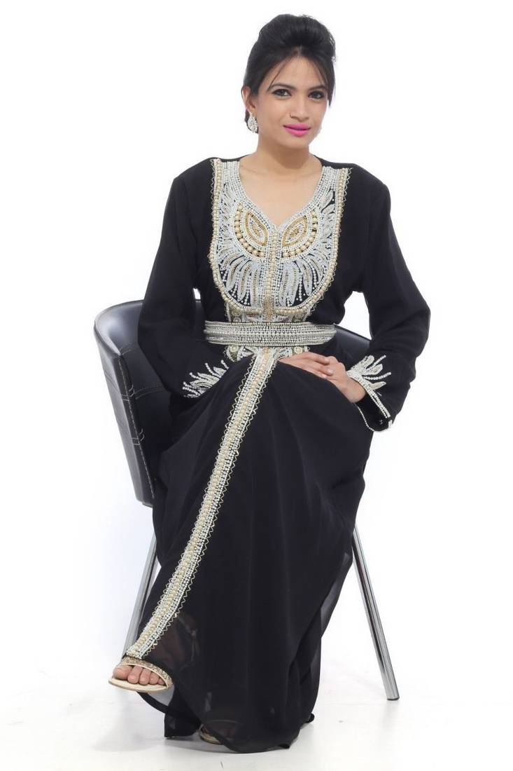 Black Embroidered Georgette Islamic Kaftans With Zari & Stone Work