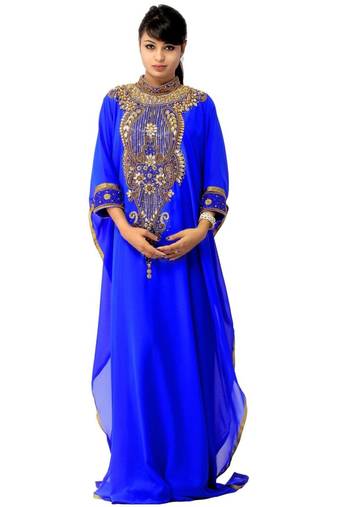 Royal Blue Embroidered Georgette Islamic Kaftans With Zari & Stone Work