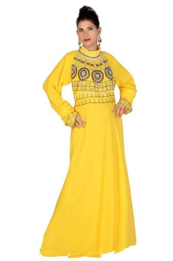 Yellow Embroidered Georgette Islamic Kaftans With Zari & Stone Work