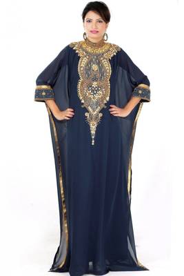 Navy Blue Embroidered Georgette Islamic Kaftans With Zari & Stone Work 1