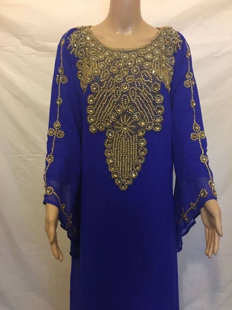 Royal Blue Embroidered Georgette Islamic Kaftans With Zari & Stone Work