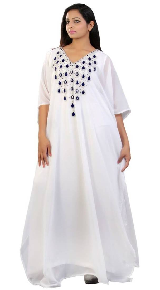 Cream Embroidered Georgette Islamic Kaftans With Zari & Stone Work