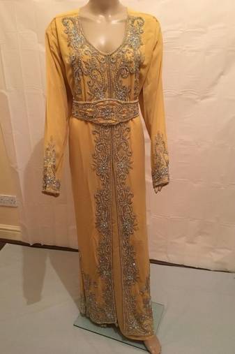 Yellow Embroidered Georgette Islamic Kaftans With Zari & Stone Work