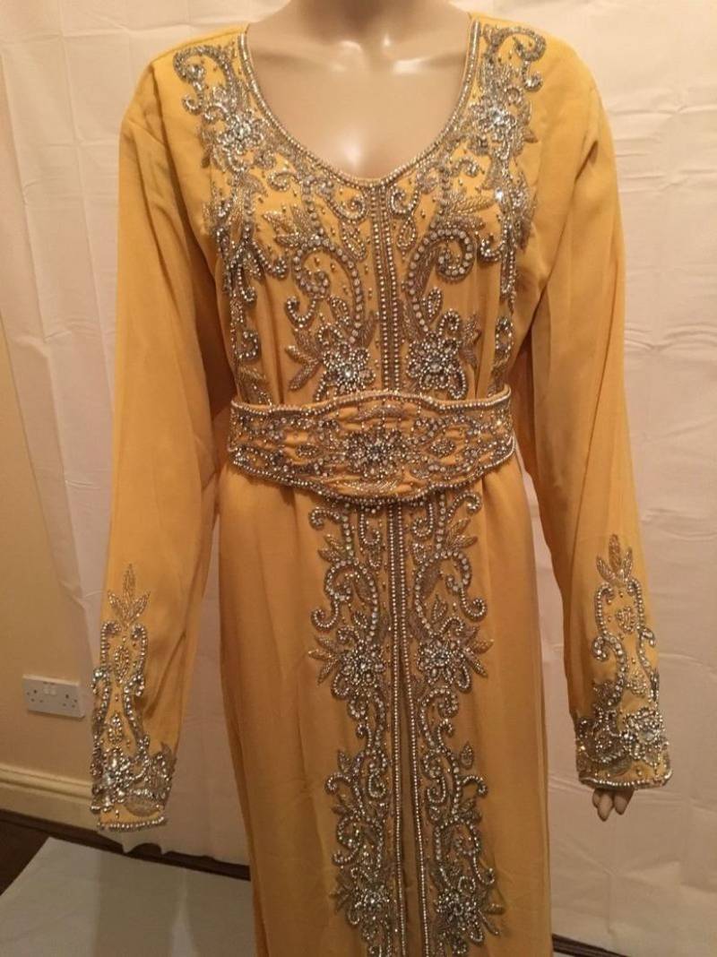 Yellow Embroidered Georgette Islamic Kaftans With Zari & Stone Work