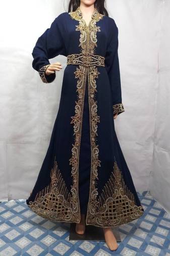 Navy Blue Embroidered Georgette Islamic Kaftans With Zari & Stone Work