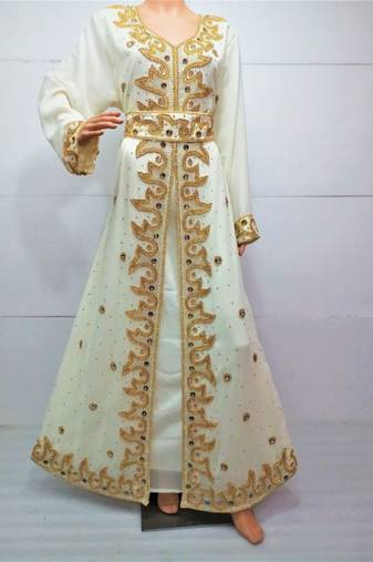 Cream Embroidered Georgette Islamic Kaftans With Zari & Stone Work