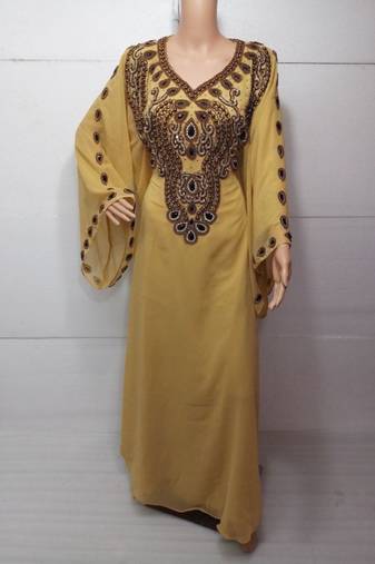 Yellow Embroidered Georgette Islamic Kaftans With Zari & Stone Work