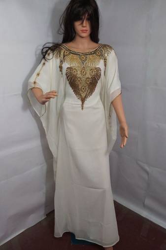 Cream Embroidered Georgette Islamic Kaftans With Zari & Stone Work