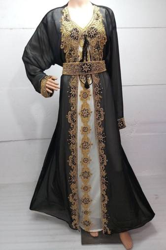 Inenr Cream Jacket Black Embroidered Georgette Islamic Kaftans With Zari & Stone Work