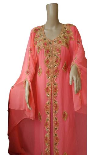 Tomato Embroidered Georgette Islamic Kaftans With Zari & Stone Work