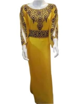 Yellow Embroidered Georgette Islamic Kaftans With Zari & Stone Work 1