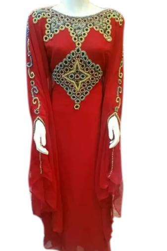 Red Embroidered Georgette Islamic Kaftans With Zari & Stone Work