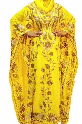 Yellow Embroidered Georgette Islamic Kaftans With Zari & Stone Work