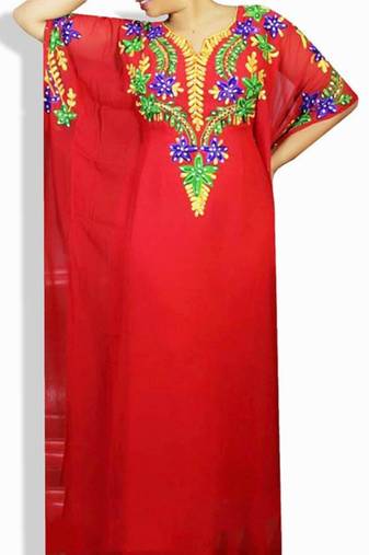Red Embroidered Georgette Islamic Kaftans With Zari & Stone Work