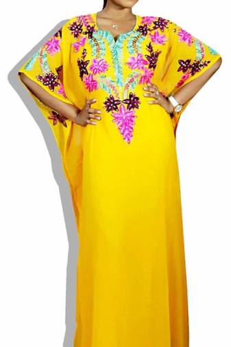 Yellow Embroidered Georgette Islamic Kaftans With Zari & Stone Work
