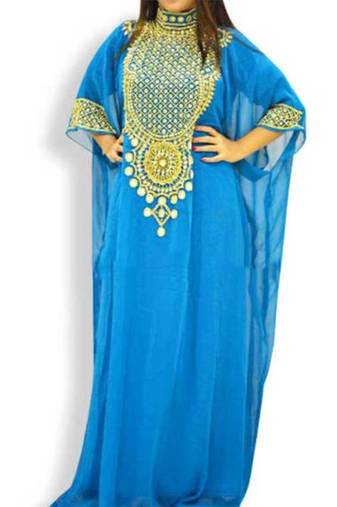 Blue Embroidered Georgette Islamic Kaftans With Zari & Stone Work